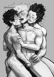 3boys anal anal_sex ass completely_nude eijirou_kirishima filthyfaize gay greyscale hand_on_penis handjob izuku_midoriya katsuki_bakugou male male/male/male male_only male_penetrated male_penetrating male_penetrating_male mmm_threesome monochrome my_hero_academia nude nude_male open_mouth penis penis_grab scar scars sex_from_behind spiky_hair standing standing_sex thrusting thrusting_into_ass yaoi