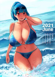 2021 big_breasts bikini blue_hair calendar_(medium) errorkazoo female huge_breasts june_(month) ocean red_eyes rina_atherina_(errorkazoo)