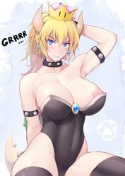 1girls areolae blonde_hair blue_eyes bowsette breasts choker cleavage clenched_teeth female female_only horns large_breasts leotard mario_(series) naturalton new_super_mario_bros._u_deluxe nipple_slip nipples sharp_teeth solo super_crown tagme thighhighs