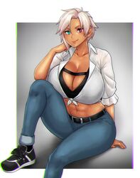 abs big_breasts blue_eyes collarbone dark_skin errorkazoo female heterochromia huge_breasts navel red_eyes solo tagme_(character) white_hair