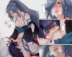 2girls against_bed bangs blue_eyes blunt_bangs blush breasts breasts_out cunnilingus detached_sleeves drooling eyebrows_visible_through_hair face female_only fu_hua fu_hua_(azure_empyrea) heart heavy_breathing honkai_(series) honkai_impact_3rd horns licking_lips long_hair lying motion_lines multiple_girls multiple_views naughty naughty_face negom oni oni_horns open_mouth orgasm ponytail purple_eyes purple_hair pussy_ejaculation pussy_juice raiden_mei raiden_mei_(herrscher_of_thunder) red_eyes red_horns saliva shoulder_blush simple_background sitting sitting_on_face sitting_on_person small_breasts smile spoken_heart sweat tongue_out yuri