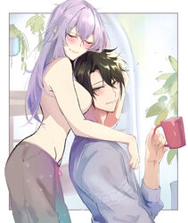 1boy 1boy1girl 1girls bear_nyanm big_breasts blush breasts brown_hair eyes_closed green_eyes hiiragi_shinoa hug hug_from_behind hyakuya_yuuichirou nipples owari_no_seraph partially_clothed purple_hair yuunoaboi21