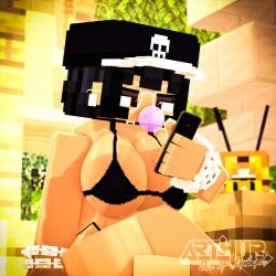 1:1 2girls 3d arthur32 bee bee_(minecraft) bee_girl being_watched big_breasts bikini black_hair bracelet breasts bubble_gum cellphone chains choker ear_piercing fea_(arthur32) female female_only glasses hat huge_breasts legs_crossed microsoft mine-imator minecraft mojang phone piercing red_eyes short_hair sitting watching xbox_game_studios