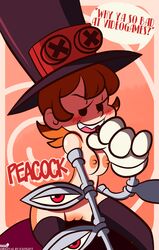 2013 cyborg mocking nipples peacock_(skullgirls) praiz pussy rubber_hose sharp_teeth short_hair skullgirls smug stockings thighhighs top_hat