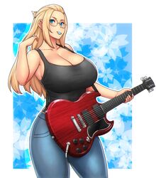 2021 bangs_pinned_back big_breasts black_tank_top blonde_hair blue_background blue_eyes border borrowed_character breasts cable cleavage collarbone curvy denim electric_guitar erkaz erkaz_(artist) erkazooya errorkazoo female floral_background flower_background flowers forehead glasses guitar guitar_pick hair_flip high_resolution highres holding holding_instrument huge_breasts inne_sulistya_robin instrument jeans long_hair mouth_hold no_bra norman_maggot outline outside_border pants plectrum plectrum_in_mouth red_guitar rimless_eyewear shirt solo standing tank_top taut_clothes taut_shirt white_border