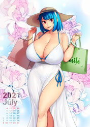 2021 blue_hair calendar_(medium) errorkazoo female huge_breasts july_(month) red_eyes rina_atherina_(errorkazoo) solo