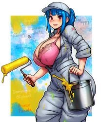 big_breasts blue_hair blush bursting_breasts button_pop embarrassed errorkazoo female huge_breasts paint paint_roll painter pink_bra ponytail red_eyes rina_atherina_(errorkazoo) solo yellow_paint