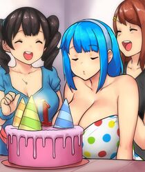 3girls big_breasts blue_hair errorkazoo female huge_breasts red_eyes rina_atherina_(errorkazoo)