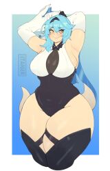 1girls armpits big_breasts blue_hair blush boots breasts clothing eula_(genshin_impact) female female_focus female_only fully_clothed genshin_impact huge_breasts leotard long_hair orange_eyes smile solo standing taigerarts thick_thighs voluptuous wide_hips