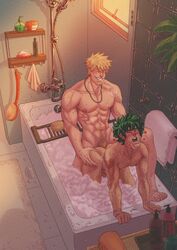 2boys anal anal_sex ass ass_grab bath bath_towel bathroom bathtub bent_over blonde_hair chin_grab closed_eyes completely_nude crying gabi_falcao gay grabbing_ass green_hair hand_on_ass in_water izuku_midoriya katsuki_bakugou male_on_male male_only male_penetrated male_penetrating male_penetrating_male muscular muscular_male my_hero_academia nude nude_male penetration penis penis_in_ass sex spiky_hair standing standing_sex tears towel yaoi