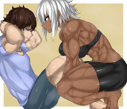 1boy 1girls abs assisted_exercise blue_eyes booty_shorts brown_hair dark_skin exercise faceless_male fit fit_female gym large_breasts light_skin muscles muscular muscular_female oc original original_character sit-ups sports_bra sweat tomboy vein veins wet white_hair zinga_(zokusuke) zokusuke