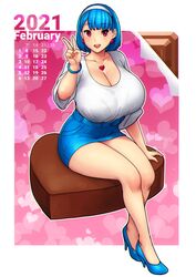 2021 big_breasts blue_hair chocolate errorkazoo female headband heart heart_earrings heart_necklace heels huge_breasts peace_sign red_eyes rina_atherina_(errorkazoo) valentine's_day