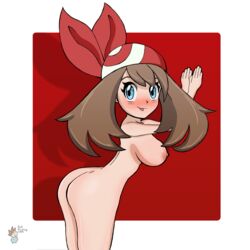 ass bangs blue_eyes blush breasts brown_hair fatfuckingweeb female game_freak large_breasts may_(pokemon) nintendo pokemon pokemon_rse short_hair_with_long_locks thighs