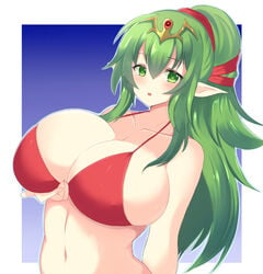 1girls alternate_breast_size bare_shoulders big_breasts breasts cleavage collarbone fire_emblem fire_emblem_awakening green_eyes green_hair huge_breasts large_breasts long_hair looking_at_viewer miyako_(mongcocoa) nintendo open_mouth pointy_ears ponytail red_bikini red_swimsuit sideboob solo tiki_(adult)_(fire_emblem) tiki_(fire_emblem)