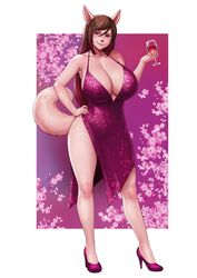 1girls anthro big_breasts breasts brown_hair dress errorkazoo furry large_breasts looking_at_viewer partially_clothed wine wine_glass