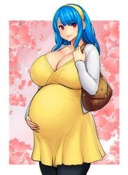 big_breasts blue_hair cleavage errorkazoo female fully_clothed hand_on_belly headband huge_breasts long_hair pregnant red_eyes rina_atherina_(errorkazoo) smile solo