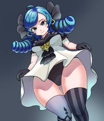 black_panties blue_hair blush dress drill_hair from_below gloves green_eyes gwen_(league_of_legends) league_of_legends looking_at_viewer mismatched_legwear pack_of_inu panties riot_games tagme thighhighs twin_drills twintails upskirt