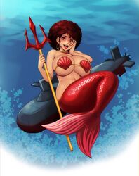 big_breasts brown_hair errorkazoo huge_breasts mermaid original red_eyes submarine tan_skin trident underwater