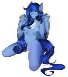 anthro blue_body blue_eyes blue_hair blue_nipples breasts carbutt chest_fur female female_only freckles friendship_is_magic hair hooves kneeling_down legs_spread long_hair metallic_body my_little_pony nipples original_character pegasus pinup pubes pubic_hair pussy smile vagina wings