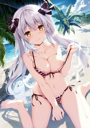 beach bikini bikini_bottom bikini_top blush breast_squeeze breasts cleavage cute female female_only high_resolution long_hair looking_at_viewer miyase_mahiro navel nipple_slip nipples original original_character palm_tree sea silver_hair smile smiling_at_viewer sunlight swimsuit thighs twintails undressing water yellow_eyes