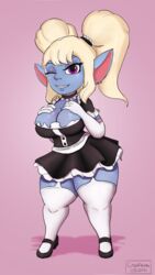 blonde_hair blue_skin breasts cleavage cranihum female female_only frills hands_on_breasts high_heels league_of_legends looking_at_viewer maid maid_dress maid_outfit maid_uniform pinup poppy purple_eyes riot_games shortstack stockings thighhighs wink yordle