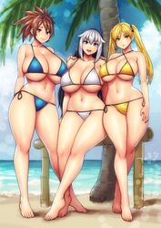 3girls barefoot beach bikini blonde_hair blue_eyes blue_swimsuit brown_eyes brown_hair errorkazoo female green_eyes huge_breasts ocean palm_tree tagme_(character) white_hair white_swimsuit yellow_swimsuit