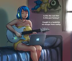 bed blue_hair bohemian_rhapsody breasts busty closed_eyes computer errorkazoo female huge_breasts instrument laptop open_mouth partially_clothed red_eyes rina_atherina_(errorkazoo) singing sitting sitting_on_bed solo window