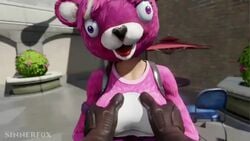 1boy 1girls 3d animal_ear animated bear bear_ears breasts cuddle_team_leader duo epic_games female fennix_(fortnite) fortnite fur furry gif gloves hand_on_breast looking_at_viewer loop male/female pink_eyes pink_fur pink_skin pov s1nnerfox sound tagme video video_game video_games