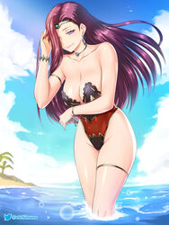 1girls alternate_costume bare_arms bare_legs bare_shoulders beach bracelet breasts cleavage collarbone earrings etchimune female fire_emblem fire_emblem_echoes:_shadows_of_valentia gold_choker jewelry large_breasts nintendo one-piece_swimsuit purple_eyes purple_hair solo sonya_(fire_emblem) swimsuit thigh_strap thighs