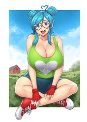 ahoge blue_eyes blue_hair cleavage double_bun errorkazoo farm female glasses grass heart_ahoge heart_glasses hearts huge_breasts julissa_(lucy_fuchs) lucy_fuchs solo tagme_(character)