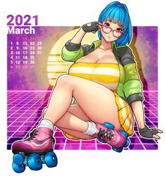 2021 big_breasts blue_hair breasts calendar_(medium) errorkazoo female huge_breasts looking_at_viewer march_(month) partially_clothed red_eyes rina_atherina_(errorkazoo) roller_skates skirt solo