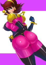 1girls 2015 ass blue_eyes bodysuit breasts brown_hair bubble_butt clothed_female curvaceous female female_focus female_only g_gundam gundam hairband huge_ass human large_breasts light-skinned_female light_skin looking_at_viewer mobile_trace_suit nipple pilot_suit rain_mikamura shiva_(tairakuten) short_hair skin_tight solo solo_female thick_thighs thighs wide_hips yellow_earrings yellow_hairband