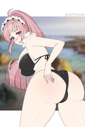 1girls :o alternate_ass_size alternate_breast_size alternate_costume aqua_eyes ass ass_focus back bare_back bare_thighs big_breasts black_bikini black_swimsuit blue_eyes blush breasts cryptid_crab felicia_(fire_emblem) fire_emblem fire_emblem_fates huge_ass large_ass large_breasts long_hair looking_at_viewer maid nintendo open_mouth pink_hair ponytail solo swimsuit