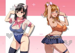 1girls ;d animal_ears areola_slip areolae arm_behind_head armpit_hair armpits ass ass_cleavage back bead_bracelet beads before_and_after belt bikini_tan black_hair black_legwear blonde_hair blue_skirt blue_swimsuit blush bow bracelet breasts brown_eyes butt_crack cat_ears choker circle_name cleavage clothing_cutout corruption cover cover_page covered_navel covered_nipples cum cumdrip dark_skin doujin_cover dual_persona earrings fake_animal_ears female groin gyaru hairbow hand_on_hip heart heart-shaped_pupils heart_cutout heart_earrings highres huge_breasts jewelry long_hair looking_at_viewer love_plus mars_symbol miniskirt multiple_girls nail_polish one-piece_swimsuit one_eye_closed open_mouth panties photoshop_(medium) piercing pink_panties ponytail presenting_armpit purple_nails pussy_juice ring saliva school_swimsuit school_uniform see-through serafuku sexy_armpits skirt smile sweat swimsuit symbol-shaped_pupils takane_manaka takeda_hiromitsu tan tanlines thighhighs thong tongue tongue_out tongue_piercing twisted_torso underwear v_over_eye visible_nipples w whale_tail wig