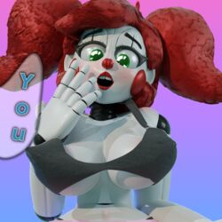 1boy 1girls 3d baby_(fnafsl) big_breasts blender blush circus_baby circus_baby_(fnaf) clown dialogue five_nights_at_freddy's freckles green_eyes hahafunny_ humanoid open_mouth red_hair robot sister_location so87baby solo summer_of_87_baby twintails white_skin