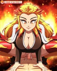 1boy 1girls blonde_hair cowgirl_position demon_slayer faceless_male female fire genderbend genderswap kimetsu_no_yaiba male reit rengoku_kyoujurou rule_63 skirt tagme yellow_eyes