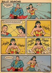 1boy 1girls angry bouncing_breasts bracelet breasts bullet cape clothed clothing comedy comic dc_comics dialogue earrings english_text female fight funny gun hair humor jiggle kerry_callen lasso mad_(magazine) male parted_lips piercing sad shooting source_request speech_bubble standing superman superman_(series) tagme teeth teeth_clenched text tiara weapon wonder_woman wonder_woman_(series)