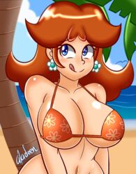 1girls aladeen alternate_breast_size areola areolae beach big_breasts bikini bikini_top blue_eyes blush bottomless breasts brown_hair earrings eyebrows_visible_through_hair female female_only large_breasts licking licking_lips long_hair mario_(series) navel nintendo no_panties orange_bikini outdoors palm_tree princess_daisy short_hair sky smile solo standing swimsuit tongue tongue_out tree