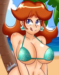 1girls aladeen alternate_breast_size areola areolae beach big_breasts bikini bikini_top blue_bikini blue_eyes blush bottomless breasts brown_hair earrings eyebrows_visible_through_hair female female_only large_breasts licking licking_lips long_hair mario_(series) navel nintendo no_panties outdoors palm_tree princess_daisy short_hair sky smile solo standing swimsuit tongue tongue_out tree