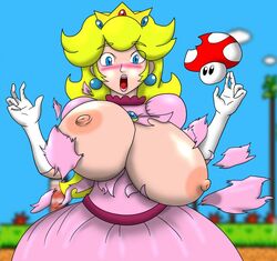 1girls accidental_exposure alternate_breast_size areolae big_breasts blonde_hair blue_hair breast_expansion breasts breasts_out bursting_breasts busty dress exposed_breasts female female_only huge_breasts lips long_hair mario_(series) mushroom nintendo nipples no_bra pink_lipstick princess_peach solo super_mario_bros._2 surprised thegeckodemon torn_clothes voluptuous