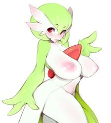 anthro anthrofied blush female gardevoir green_hair large_breasts nintendo pokémon_(species) pokemon pokemon_(species) pokemon_rse red_eyes solo thick_thighs venusflowerart wave white_skin