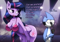 1boy 1girls anthro anthrofied big_ass big_breasts bikini blue_feathers crossover female male_focus meme mordecai mordecai_(regular_show) mordetwi my_little_pony nervous posing purple_skin regular_show skylight_(artist) tagme thick_thighs thong twilight_sparkle_(mlp)