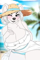 1girls beach blush furry hyperiontrash large_breasts mature_female panties polar_bear solo straw_hat sundress thick_thighs