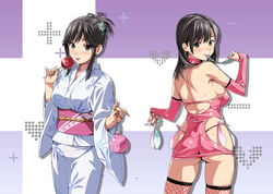 2012 ass before_and_after black_hair blush breasts bridal_gauntlets brown_hair candy_apple cheating condom condom_accessories condom_belt condom_in_mouth condom_packet_strip condom_wrapper corruption dual_persona female fishnets food hair_up halterneck highres holding holding_condom japanese_clothes kimono large_breasts looking_back love_plus mouth_hold multiple_condoms parody photoshop_(medium) sash sideboob skindentation slutty_outfit sweat takane_manaka takeda_hiromitsu thighhighs thong title_parody tongue tongue_out used_condom yukata