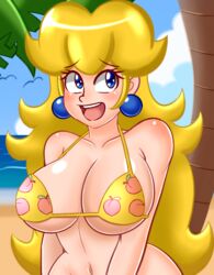 1girls aladeen alternate_breast_size areola areolae beach big_breasts bikini bikini_top blonde_hair blue_eyes blush bottomless breasts earrings eyebrows_visible_through_hair female female_only large_breasts long_hair mario_(series) milf navel nintendo no_panties open_mouth outdoors palm_tree princess_peach sky smile solo standing swimsuit teeth tongue tree yellow_bikini