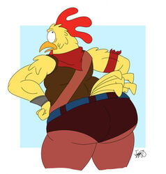 anthro ass ass avian big_ass big_butt chicken chubby clothing fortnite fortnite:_battle_royale joe-anthro looking_back male male_only plain_background solo tender_defender thick_thighs tight_clothing