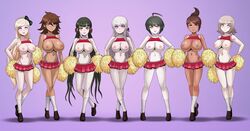 asahina_aoi big_breasts breasts breasts_out cheerleader_uniform clothed danganronpa danganronpa:_trigger_happy_havoc danganronpa_2:_goodbye_despair danganronpa_ultra_despair_girls danganronpa_v3 dark-skinned_female female female_only harukawa_maki kirigiri_kyouko looking_at_viewer mind_control multiple_girls naegi_komaru nanami_chiaki nipples owari_akane pom_poms pose posing purple_background shinzu031 shirt_lift shirt_up skirt smile smooth_skin sonia_nevermind take_your_pick