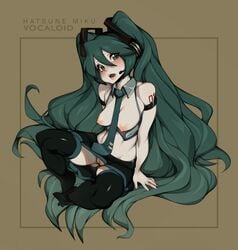 blush character_name copyright_name green_eyes green_hair hatsune_miku headset looking_at_viewer nail_polish necktie necktie_between_breasts no_bra no_panties open_mouth skirt tattoo thighhighs twintails venusflowerart vocaloid