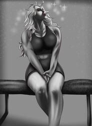 abs breasts dorohedoro earrings fit fit_female greyscale gym large_breasts lipstick long_hair monochrome muscles muscular muscular_female noi_(dorohedoro) shorts simple_background sitting sports_bra sunday322 tagme tight_clothes tight_clothing tight_fit white_hair