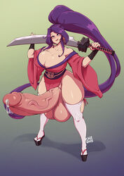 1futa 2020 balls big_balls big_breasts big_penis breasts cleavage clothed clothing curvaceous curvy dated dmxwoops futa_only futanari huge_balls huge_breasts huge_cock huge_penis huge_testicles human hyper hyper_penis intersex kimono licking_lips light-skinned_futa light_skin mostly_clothed pale_skin penis ponytail precum precum_drip purple_hair solo standing sword testicles thick_penis thick_thighs thighhighs tongue tongue_out uncensored veiny_penis weapon wide_hips
